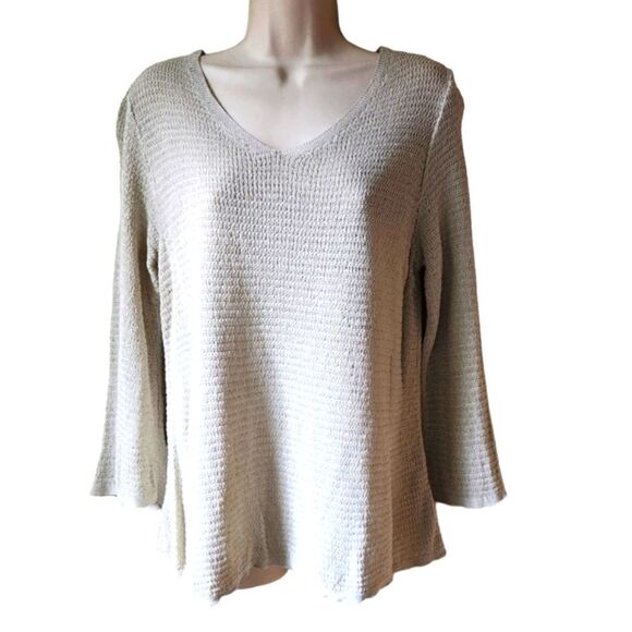 J Jill Love Linen Sweater Beige Cream Crochet 3/4 Sleeve Lightweight Oversized L - Picture 1 of 11